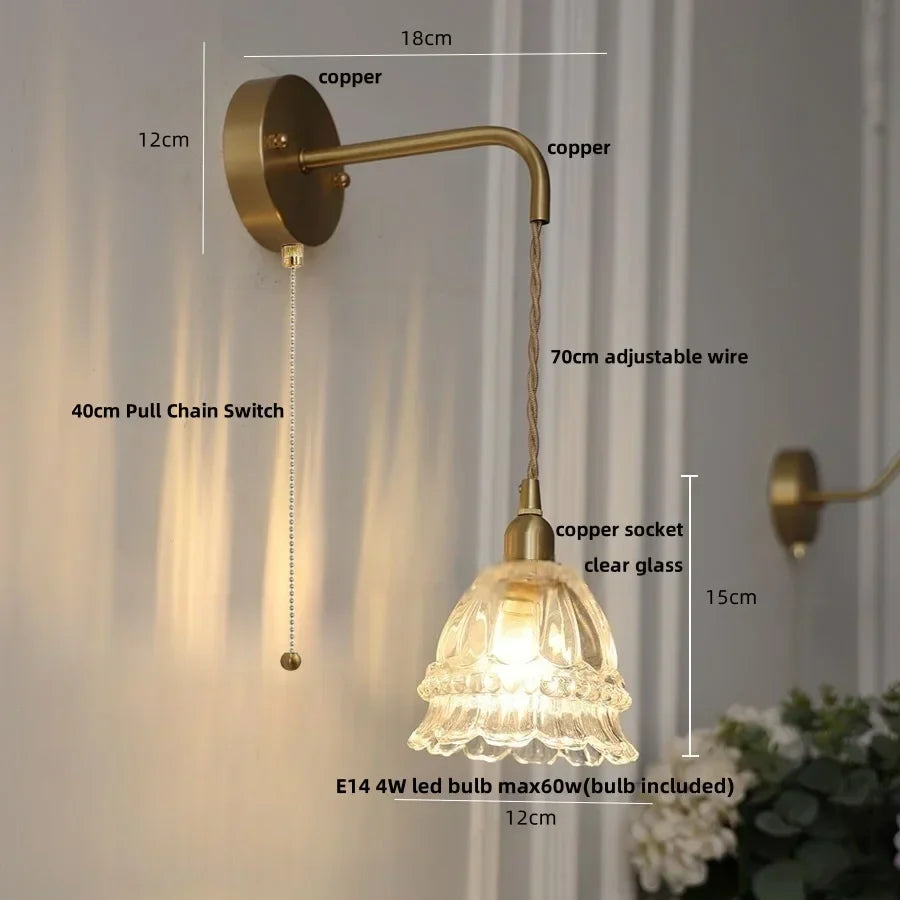 DecorBites™ Amber Glass LED Wall Light with Pull Chain Switch, Modern Nordic Flower Wall Sconce