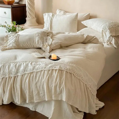 DecorBites™ French Lace Ruffle Embroidery Bedding Set with Natural Health Skin Fabric