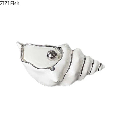DecorBites™ Conch Ashtray: Silver Plated Desk Decoration & Windproof Ceramic Smoking Accessory