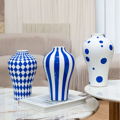 DecorBites™ Blue Geometric Quilted Ceramic Vase - Polka Dots Pattern - Home Decor Craft