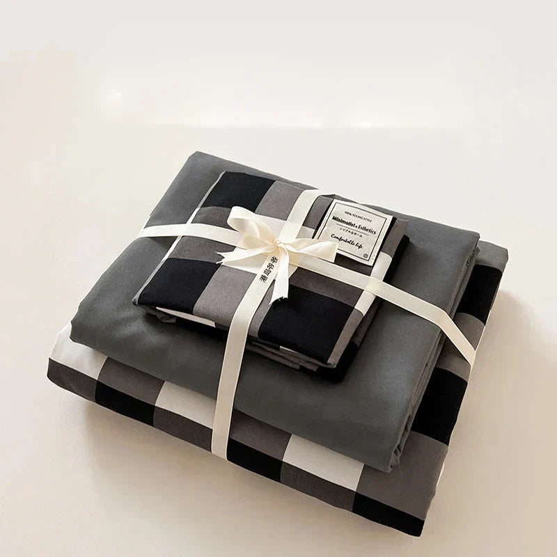 ™ Japanese Grid Printed Cotton Bedding Set in Queen/King for Cozy Sleep