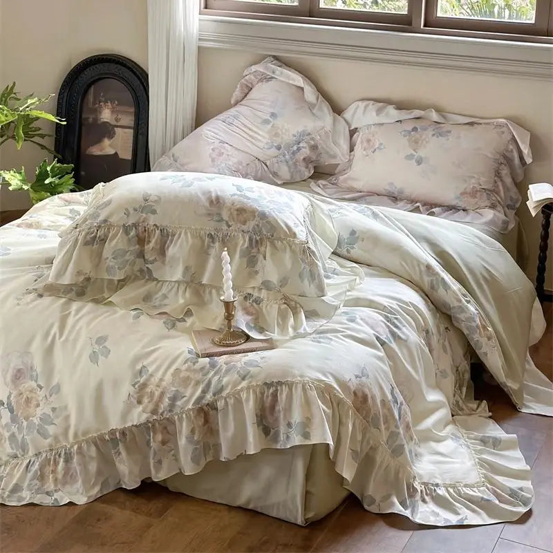 DecorBites™ French Rose Flowers Print Bedding Set, Elegant Ruffles Princess Collection