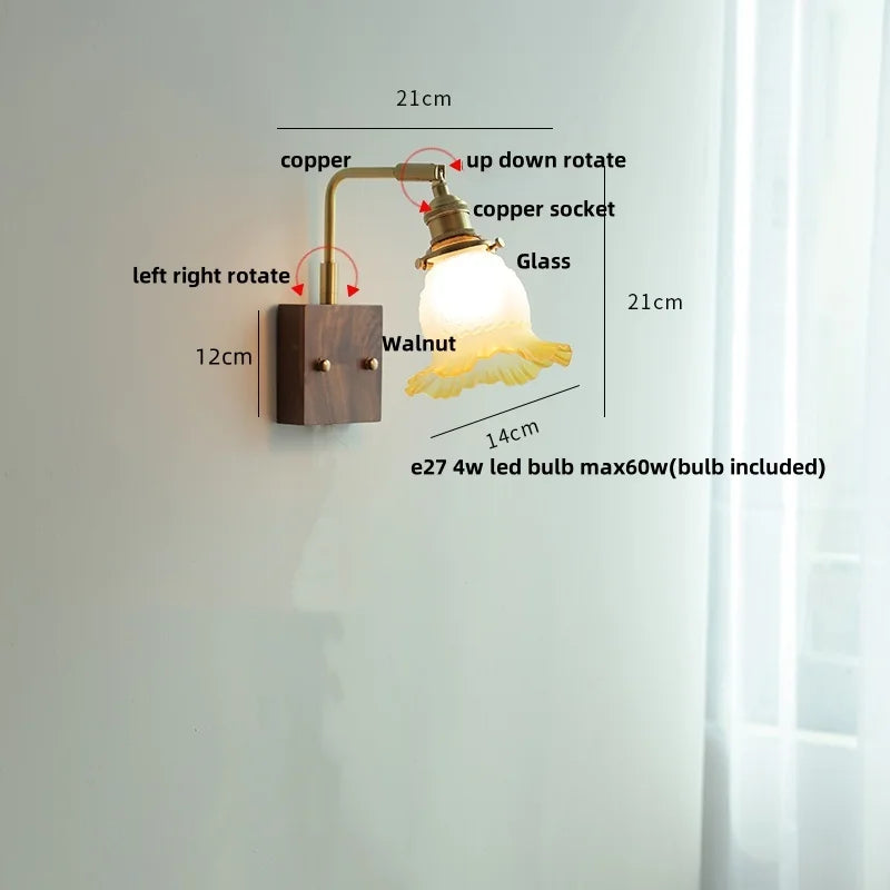 DecorBites™ Brass Walnut Wood LED Wall Sconce with Pull Chain Switch & Flower Glass
