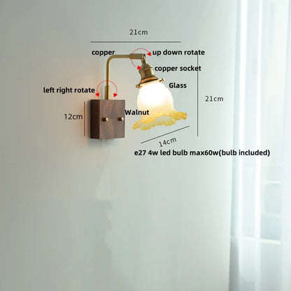 DecorBites™ Brass Walnut Wood LED Wall Sconce with Pull Chain Switch & Flower Glass