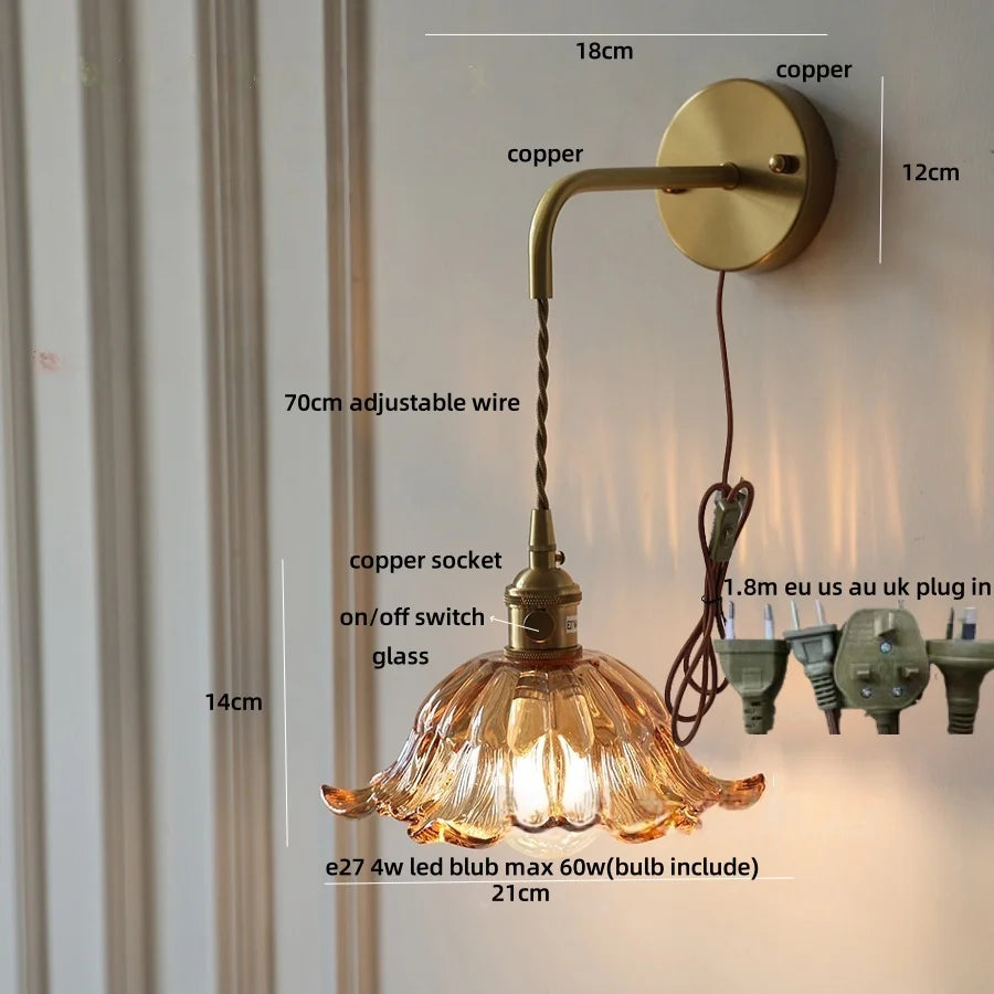 DecorBites™ Glass & Copper Green Flower LED Wall Sconce with Pull Chain