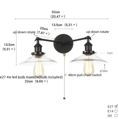 DecorBites™ Industrial LED Wall Light Fixture with Pull Chain Switch, 2 Heads Bedside Lamp