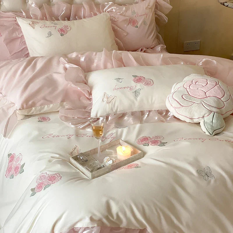 DecorBites™ Butterfly Flowers Lace Ruffles 4Pcs Bedding Set: Duvet Cover, Sheet, Pillowcases