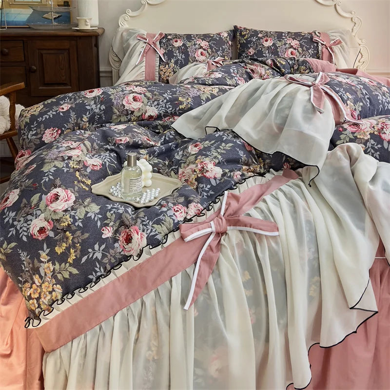 DecorBites™ Chiffon Lace Ruffles Princess Egyptian Cotton Bedding Set