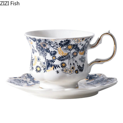 DecorBites™ Blue & White Porcelain Classic Coffee Mug Set Gold Rim Tea Cup Saucer