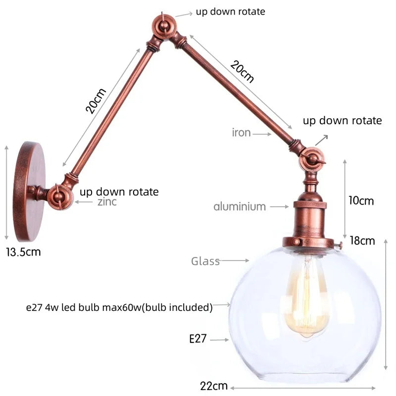 DecorBites™ Adjustable Glass Swing Arm LED Wall Sconce with Pull Chain Switch