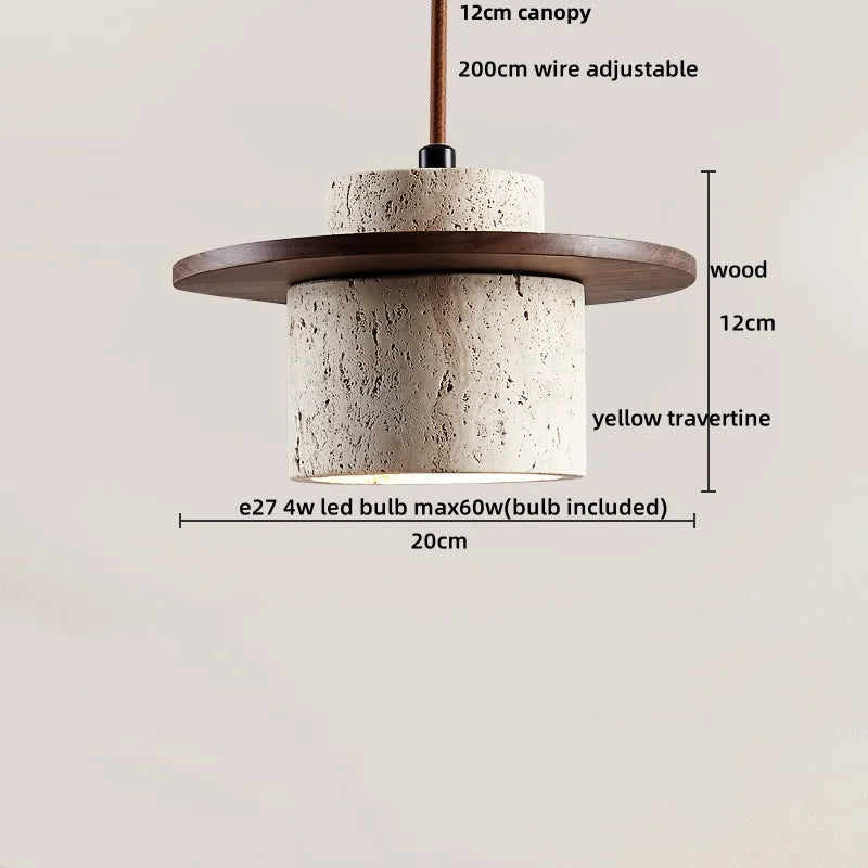 DecorBites™ LED Pendant Light: Japanese Style, Yellow Travertine Wood, Adjustable Hanging Lamp.