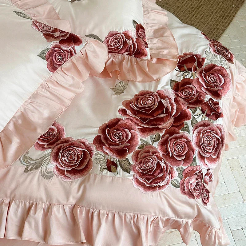DecorBites™ Butterfly Flowers Embroidery Ruffles Wedding Bedding Set: 1400TC 100% Egyptian Cotton