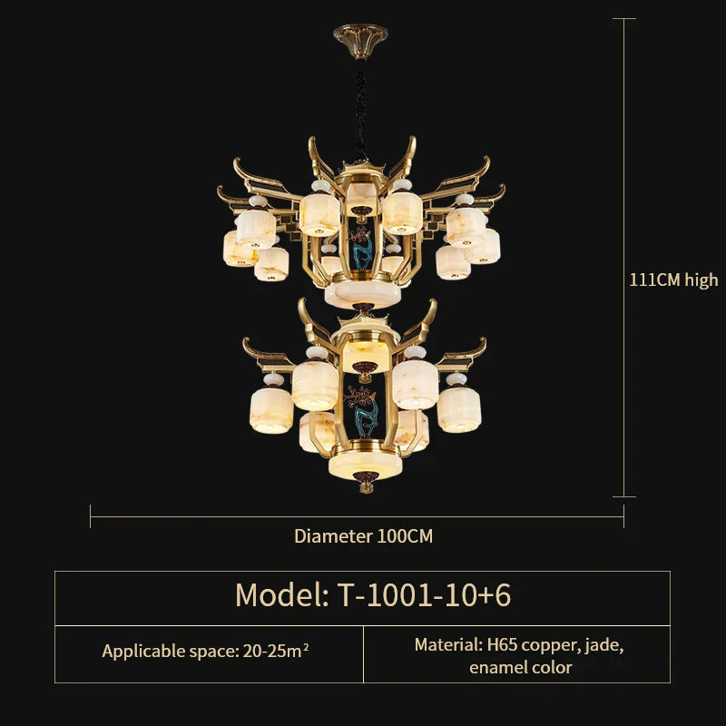 DecorBites™ All Copper Jade Chandelier for Villa Living Room, Dining Room - Chinese Style Duplex Copper Lamp