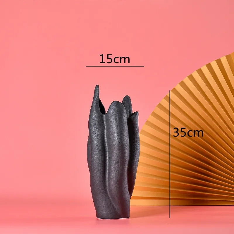 DecorBites™ Black Texture Ceramic Vase Irregular Crafts Flower Arrangement Home Decoration