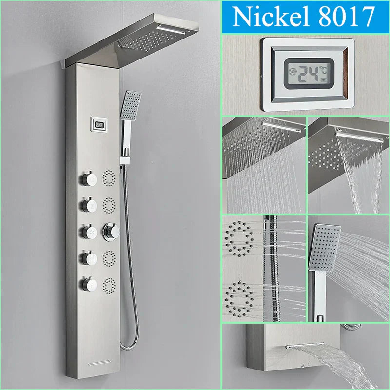 DecorBites™ Black Shower Panel Column Wall Mount Rainfall Waterfall Faucet Hot Cold Mixer Tap