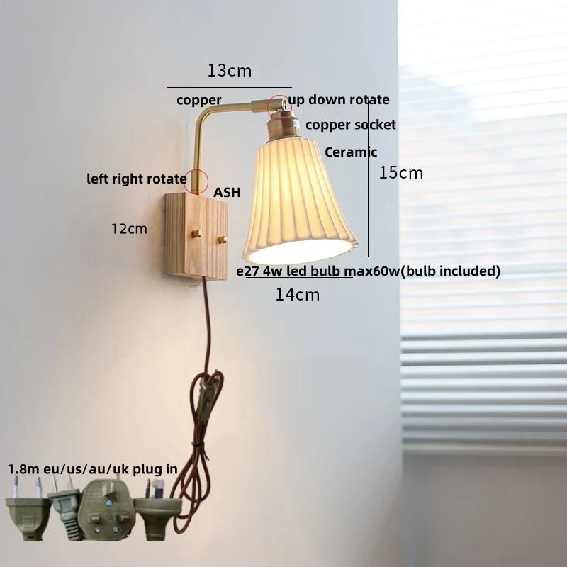 DecorBites™ Ash Wood LED Wall Light Fixture with Pull Chain Switch, Modern Nordic Design