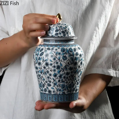 DecorBites™ Blue White Ceramic Enamel General Jar Tea Canister Desk Flower Texture Pot