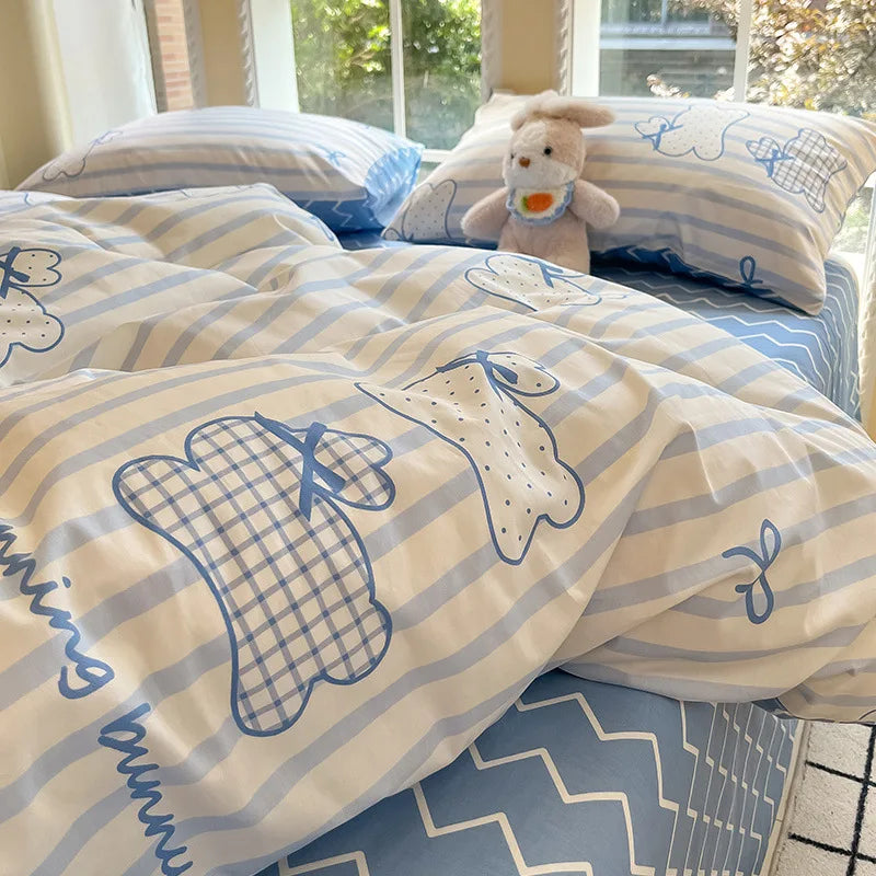 DecorBites™ Grid Print Cotton Bedding Set for Single Double Beds