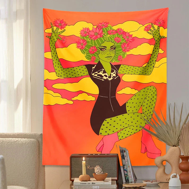 DecorBites™ Cactus Girl Tapestry Wall Hanging 60s Flower Psychedelic Retro Boho Decor