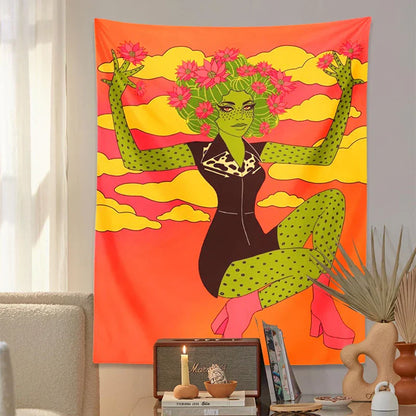 DecorBites™ Cactus Girl Tapestry Wall Hanging 60s Flower Psychedelic Retro Boho Decor
