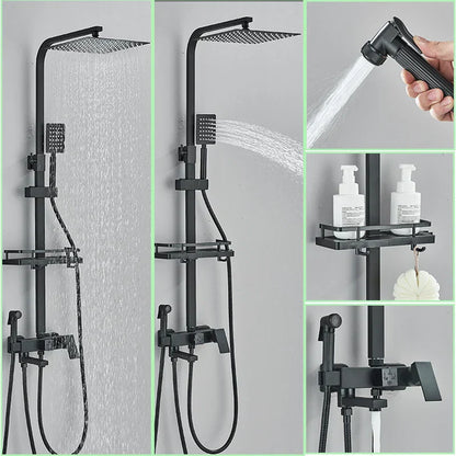 DecorBites™ Black Brass Shower Faucet Set with Rotatable Tub Spout and Rain Shower Column
