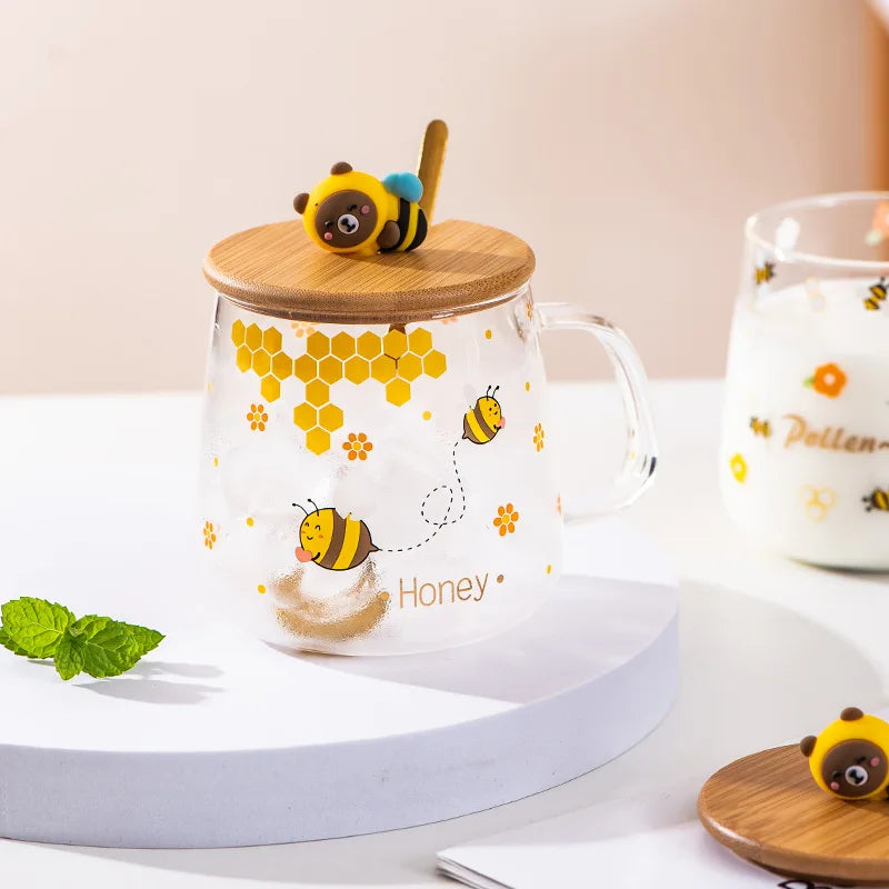DecorBites™ Bee Glass Spoon Milk Cup Breakfast Coffee Mug with Lid