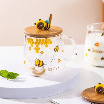 DecorBites™ Bee Glass Spoon Milk Cup Breakfast Coffee Mug with Lid