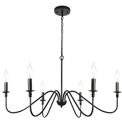 DecorBites™ Black 6-Light Chandelier, Wrought Iron Farmhouse Pendant Light, Classic Candle Fixture