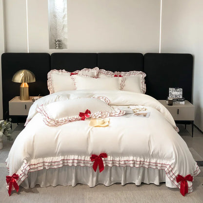 ™ Korean Lace Ruffles Bedding Set with Black Bow Accent