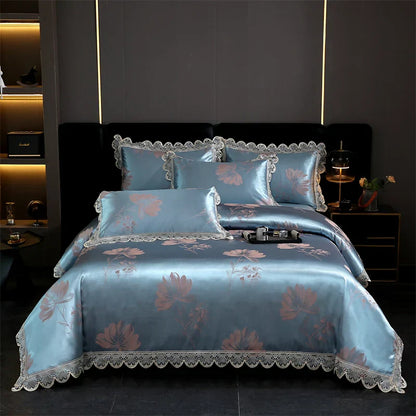 DecorBites™ Golden Jacquard Cotton Lace Bedding Set - Silky Soft Duvet Cover, Flat Sheet, Pillowcase