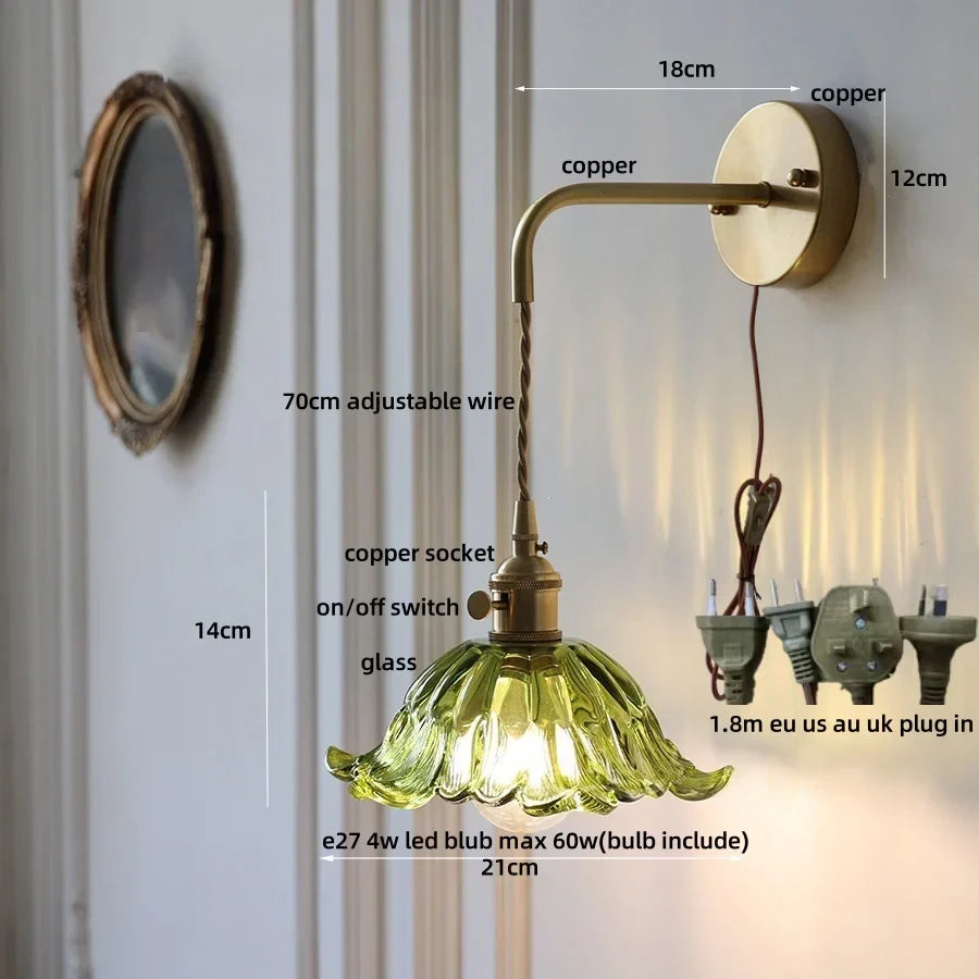 DecorBites™ Amber Glass LED Wall Sconce, Brass Finish, Adjustable Wire, Modern Nordic Style