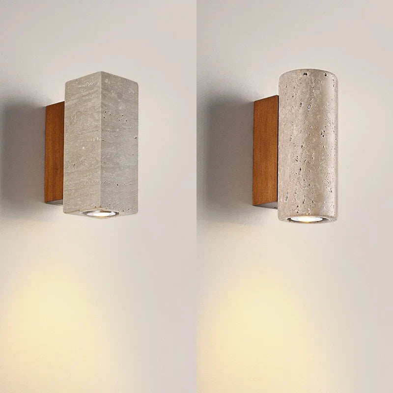 DecorBites™ LED Wall Sconce Yellow Travertine Stone Bedroom Study Cafe Wood Base Stair Light