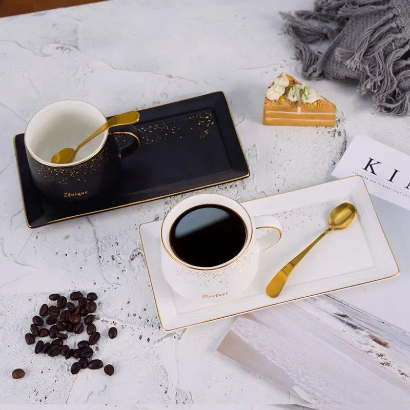 250ml DecorBites™ Ceramic Coffee Cup Set with Tray, Spoon - European Style Porcelain Mugs