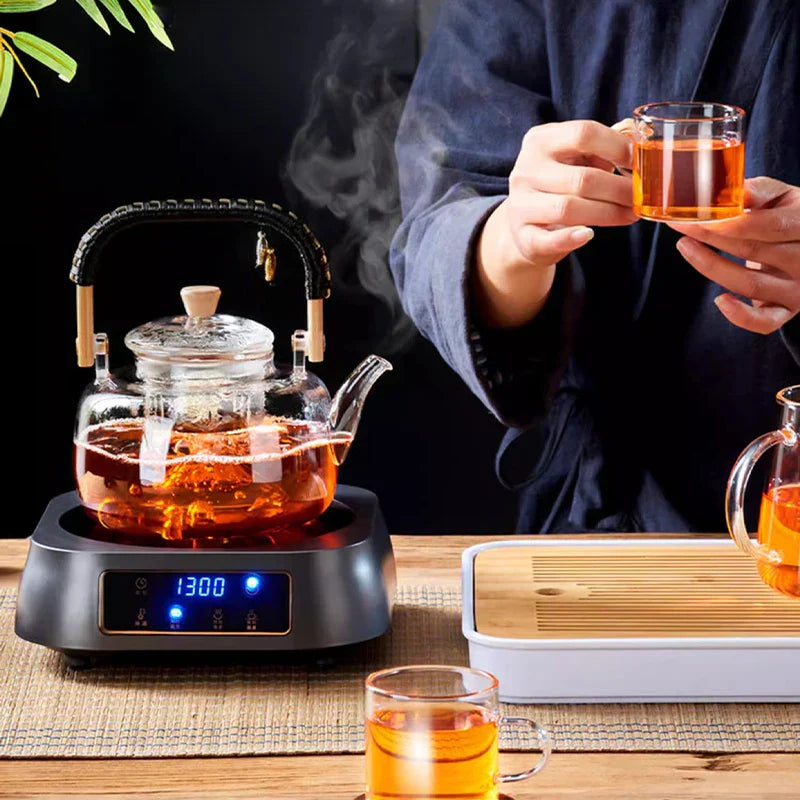 DecorBites™ Glass Tea Pot With Weave Handle Heat-resistant Glass Teapot Transparent Steaming Tea Kettle