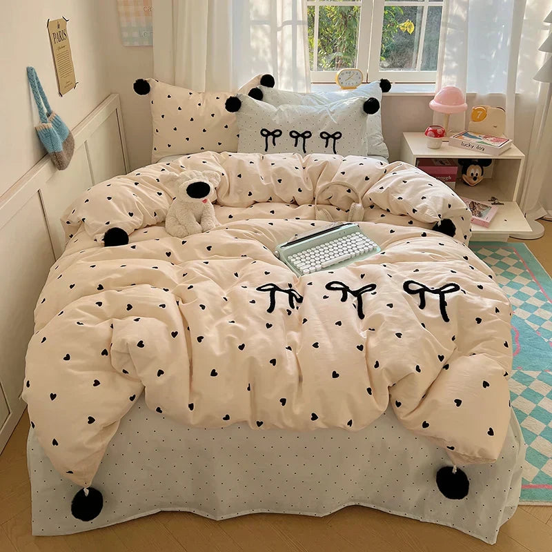 ™ Korean Princess Bow Lattice Pompom Bedding Set - Single Queen Size