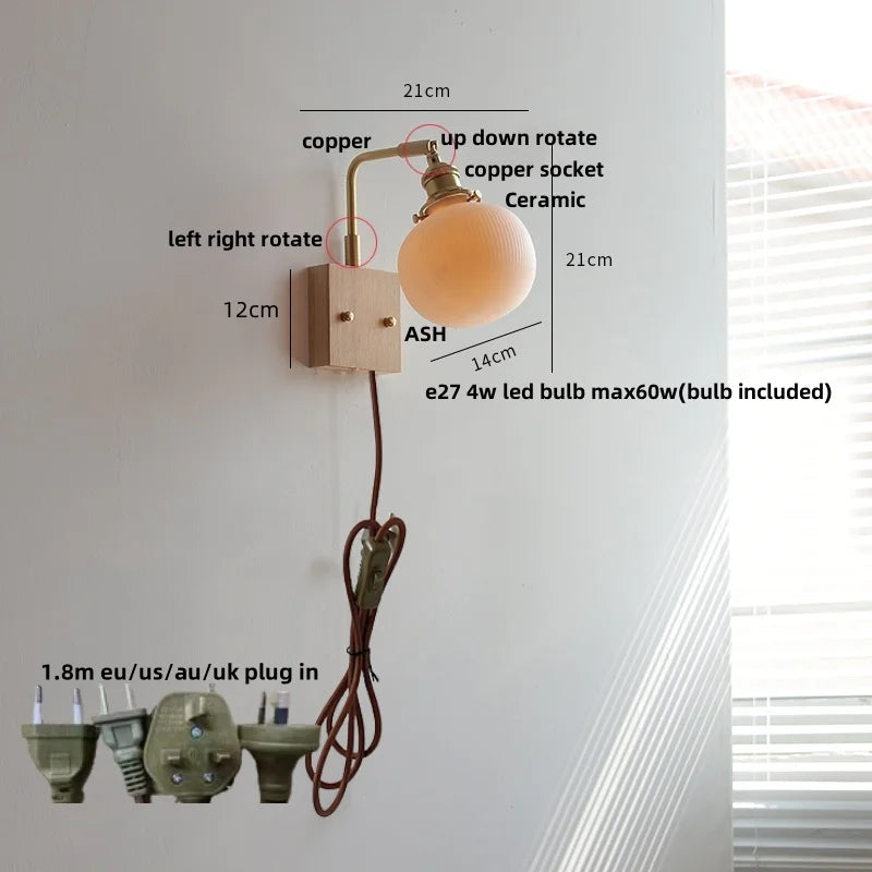 ™ Globe Ceramic Walnut Wood Wall Light with Pull Chain Switch and Rotatable Design