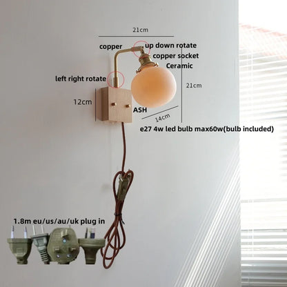 ™ Globe Ceramic Walnut Wood Wall Light with Pull Chain Switch and Rotatable Design
