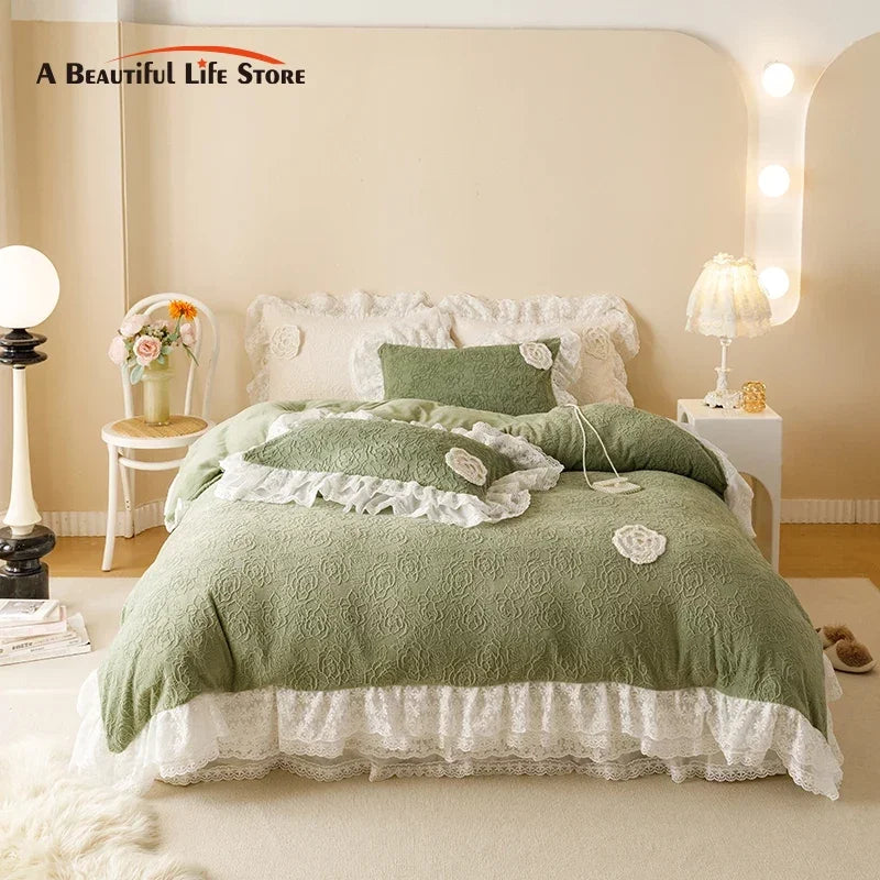 ™ Luxe Carved Velvet Lace Ruffles Bedding Set with Quilted Bed Skirt