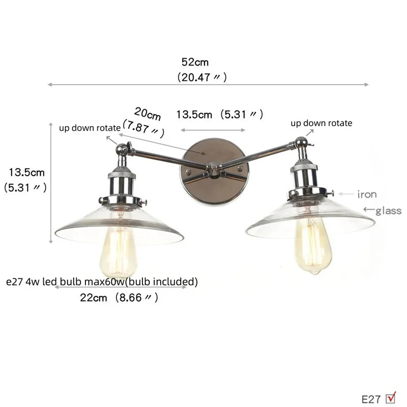 DecorBites™ Glass 2-Light Wall Sconce with Pull Chain Switch for Bedroom and Bathroom