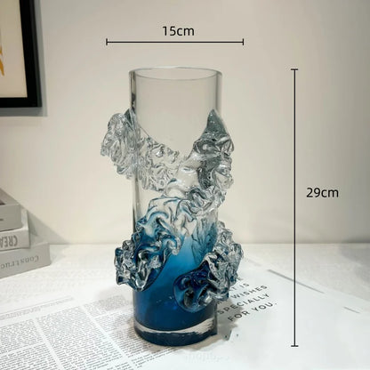DecorBites™ Blue Gradient Wavy Glass Vase for Floral Arrangements and Room Decor