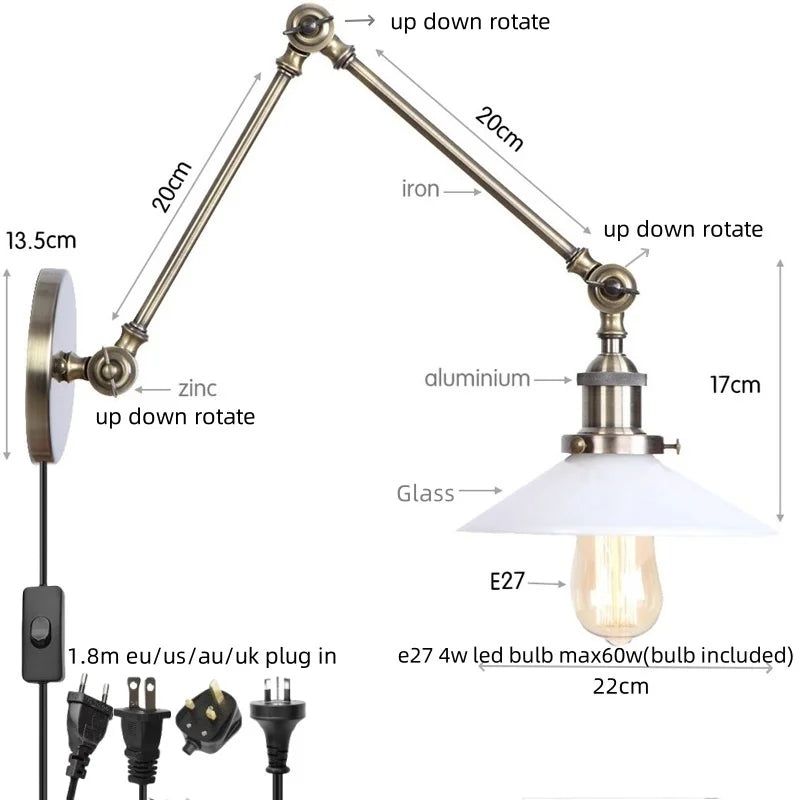 DecorBites™ LED Glass Swing Arm Wall Lamps for Bedroom, Bathroom, and Stairway
