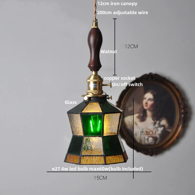 DecorBites™ LED Adjustable Pendant Light Fixture Amber Glass Walnut Wood Bar Hanging Lamp