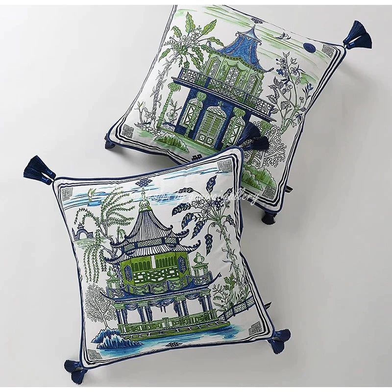 DecorBites™ Chinese City Landscape Velvet Lumbar Pillow Cover with Tassels, 30x50cm