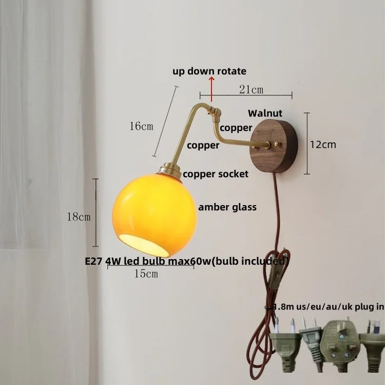 DecorBites™ LED Wall Lights Pull Chain Switch Bedside Lamp Amber Glass Modern Stair Light Fixtures