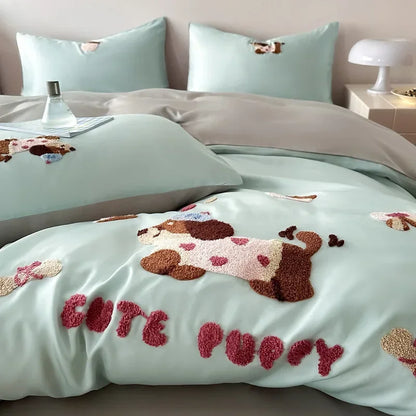 DecorBites™ Cartoon Embroidered Cotton Bedding Set with Ice Silk Cooling Technology