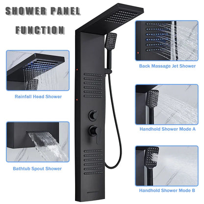 DecorBites™ Black LED Shower Column with Massage Jets and Waterfall Mixer Tap