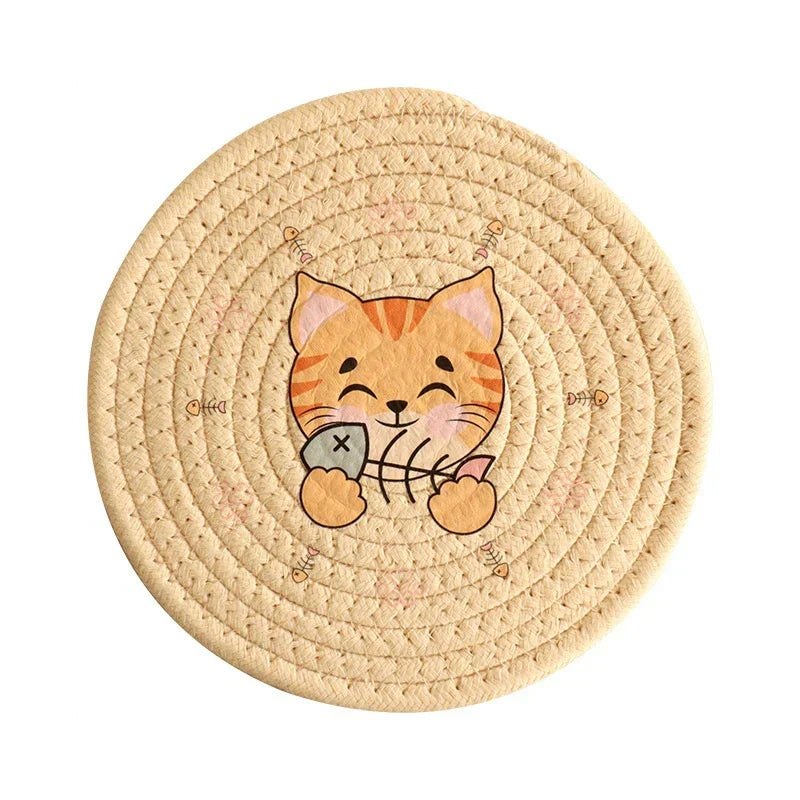 DecorBites™ Cat Print Round Woven Coaster Cup Mat Table Heat Insulation Pad