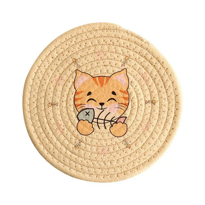 DecorBites™ Cat Print Round Woven Coaster Cup Mat Table Heat Insulation Pad