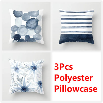 DecorBites™ Blue Ink Flower Cushion Cover Set - Nordic Style Sofa Pillowcase Trio for Home Decoration