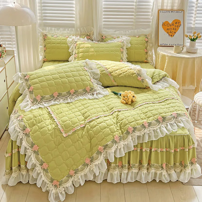 ™ Korean Princess Bedding Set: Flowers, Lace, Ruffles, Embroidery, Quilted, Duvet Cover, Bedspread